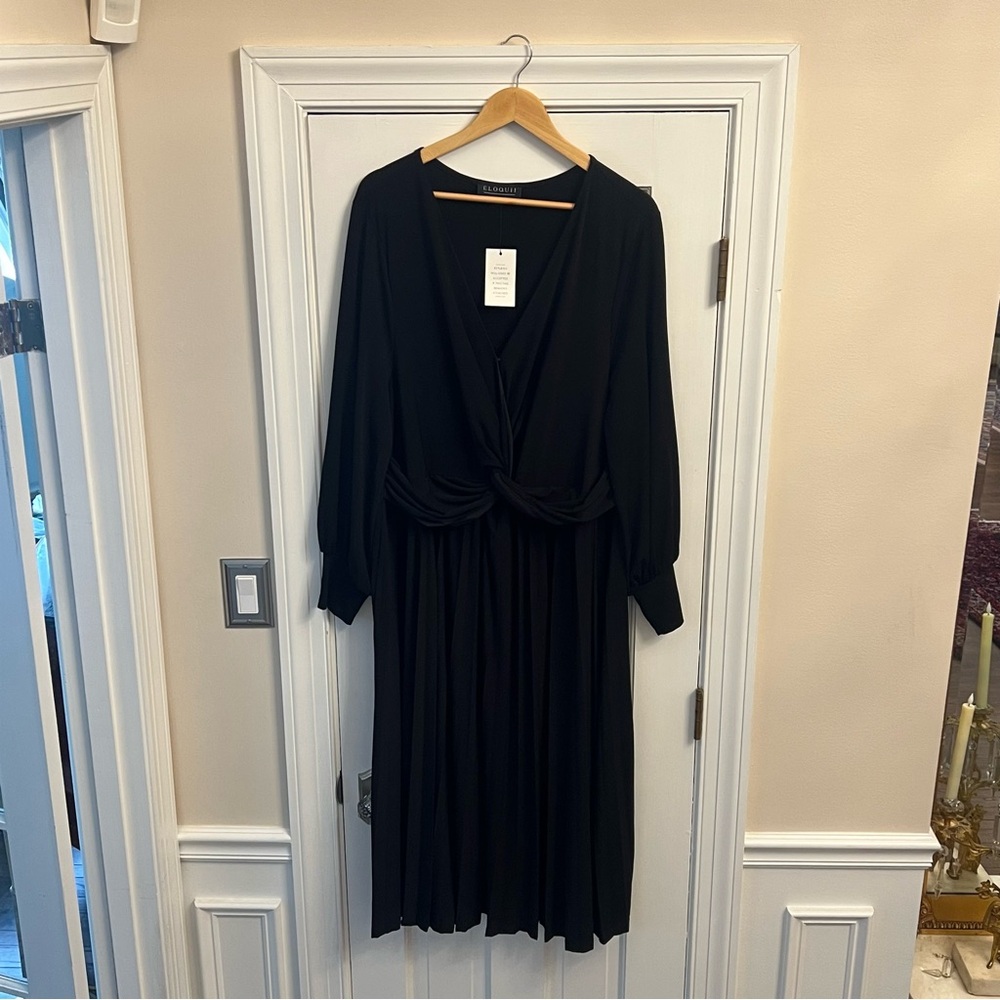 NEW $110 Eloquii Knot Front Pleated Skirt Dress Black Stretch Jersey Midi 24 - Picture 3 of 16